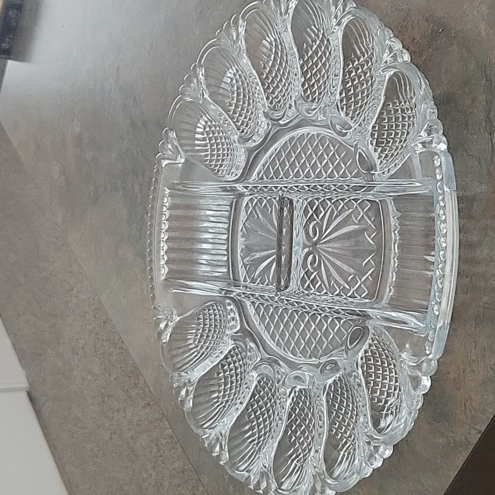 50s L.E Smith Clear Glass Divided Relish Deviled Egg Dish Plate